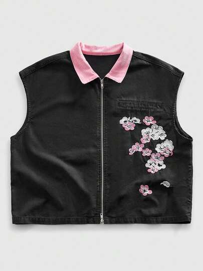 Street Life Giacca di jeans smanicata da uomo con colletto bicolore, chiusura lampo e patchwork, alla moda e versatile