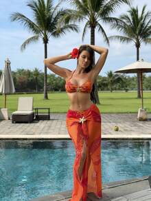 Swim SXY Women's 3-Piece Beach Vacation Sexy Minimalist Floral Orange Maxi Dress, Halter Starfish Metal Accessory Swimsuit Cover Up, Women's Bikini, Christmas Outfits, New Year Outfits, Music Festivals, Parties - Multicolor - View 5