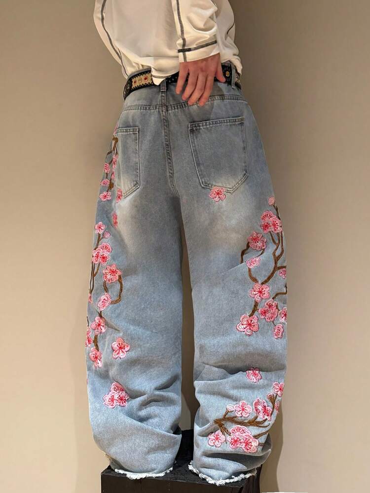 STEELVANCE Jeans larges lavés avec broderie de fleurs de prunier, mode de rue pour hommes - Jean clair - Voir 2