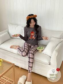 2pcs/Set Young Women Cartoon Bear Print Long Sleeve Top And Plaid Pants Casual Comfortable Homewear Set Snug Fit Pajamas Women Set Tight Fit Pajamas Plaid Pajama Set Bear Print Pajamas Long Sleeve Pajama - Multicolor - View 6