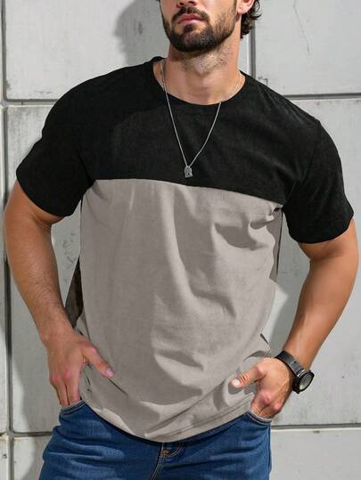 Manfinity Homme Camiseta de manga corta de cuello redondo casual con contraste de color para hombres