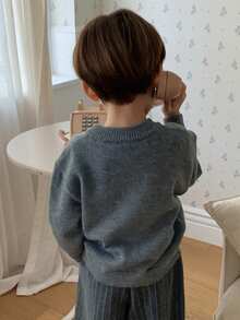 DAZY Young Boy Round Neck Button Front Casual Long Sleeve Sweater - Dark Grey - View 7