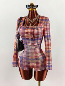 Amplova 2pcs/Set Women's Plaid Punk Street Style Jumpsuit And Jacket, Autumn/Winter Y2k Women Two Piece Outfits Plaid Two Piece Set - Multicolor - View 2