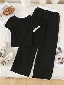 少女休闲舒适拼接撞色圆领套头T恤和裤子套装 - 黑與白 - 查看 2