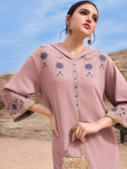 Al Najma Vestido largo tradicional árabe de mujer de color azul claro con bordados, vestido maxi turco