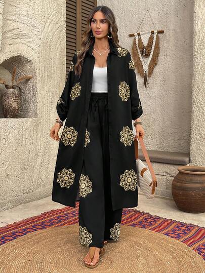 EMERY ROSE Women's Floral Print Shirt And Pants 2 Pieces Casual Vacation Set Greece Vacation Outfits Women Mediterranean Style Clothes Spain Vacation Outfits Pant Suit Summer Sets Spain Outfits Women Vacation Outfits Women Casual Women's Dresses  Casual Women's Dresses