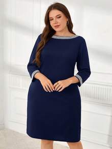 Miaspire Vestido Elegante com Gola Redonda, Manga 3/4 e Aplicação de Strass para Mulheres Plus Size - Azul Marinho - Visão 3