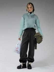 COUREZ Quần jogger ống rộng cạp thấp, kiểu boxer kẻ caro/phong cách Y2K mùa đông cho nữ, quần ống rộng cho nữ, quần thể thao cho nữ, trang phục mùa hè cho nữ. - Màu xám đen - Xem 8