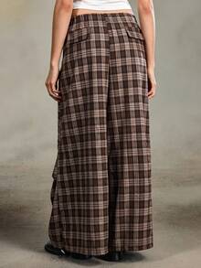 ROMWE EDITION Y2K Vintage Distressed Plaid Wide Leg Maxi Pants For Women - Brown - View 2