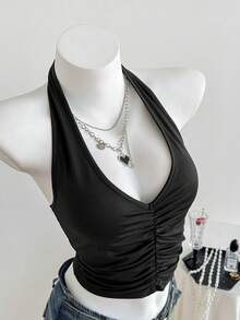 SHEIN EZwear Women's Deep V Neck Halter Tie Back Sleeveless Ruched Front Backless Crop Halter Top