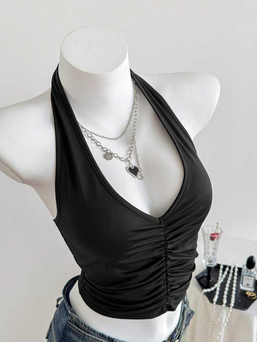 SHEIN EZwear Women's Deep V Neck Halter Tie Back Sleeveless Ruched Front Backless Crop Halter Top