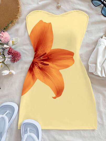 INAWLY 女士夏季度假风百合花印花修身抹胸连衣裙