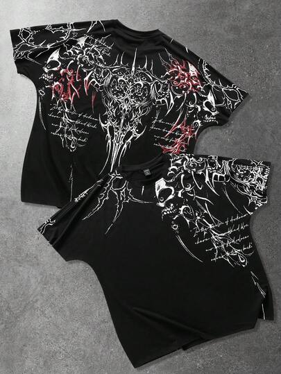 ROMWE MEN Goth 男士蝙蝠袖印花短袖T恤，适合春夏日常穿着