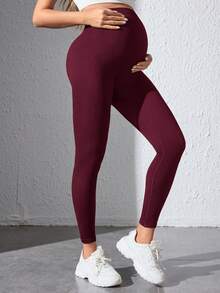 SHEIN Burgundy Seamless Ribbed Maternity Leggings - Burgundy - View 5