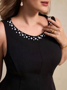 Elegantrix Plus Size Women's Spring/Summer Bubble Bead Decor Waist Ruffle Hem Elegant Blouse - Black - View 6