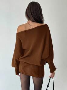 Aloruh Robe pull moulante à manches longues asymétrique polyvalente taille ajustée, style Y2K. Décontractée/Navette, esthétique américaine vintage pour l'automne/l'hiver - Acajou - Voir 2