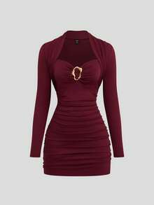 Sweetra 大码女士优雅派对鸡尾酒礼服，酒红色，金属装饰，修身短款连衣裙 - 酒紅色 - 查看 8