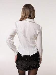 Katetique Women's Plain Pleat Button Long Sleeve Blouse, White Collared Shirt White Shirt Women White Fitted Shirt White Blouse Elegant Office Blouse,Teacher Outfits For Women,Back To School Clothes,Teacher Shirts,Fall Women Clothes,All-Season,Button Up Shirt Women White Button Down Shirt Business Casual Women Shirts Women White Shirt - White - View 2