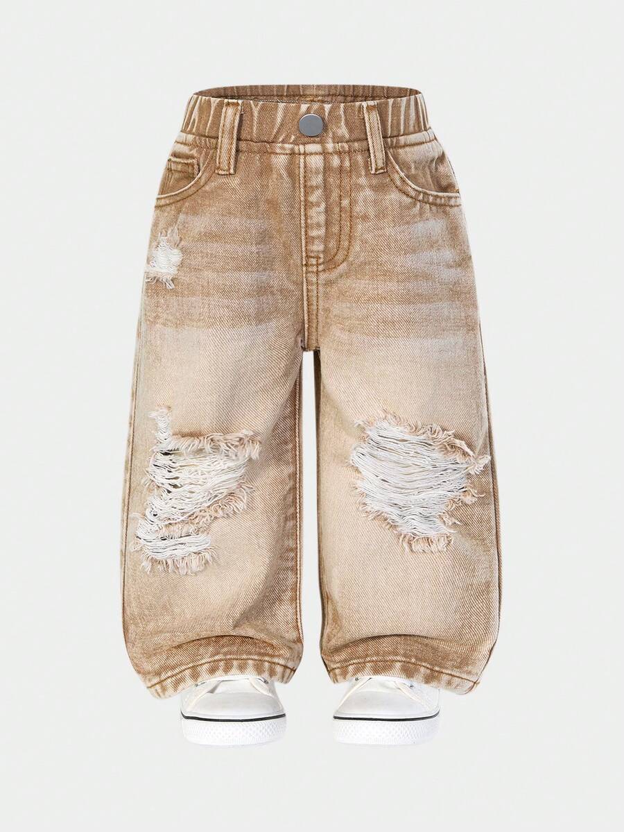 SHEIN Playful Pals Baby Girl All-Match Minimalist Versatile Distressed Washed Straight Leg Jeans Baby Boy Babygirl Jeans Baby Ripped Jeans Toddler Baggy Jeans - Khaki - View 1