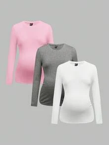 Modmama 3pcs/Set Maternity Casual Round Neck Long Sleeve Fitted Pregnancy T-Shirt Pregnancy Clothing Maternity Tops Pregnancy Shirts Postpartum Clothes Curve Maternity Clothes