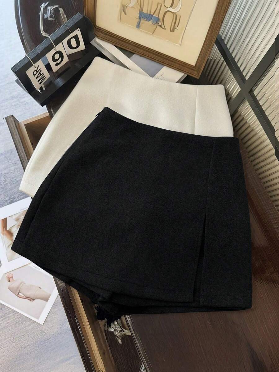 Franclia 双层开衩羊毛混纺A字裙裤，厚实而端庄 - 黑色 - 查看 1