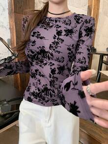 DAZY Women's Slim Fit Sheer Lace Crew Neck Pullover Top Long Sleeve Y2k Spring - Mauve Purple - View 5