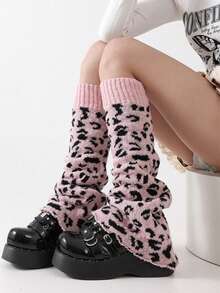 ROMWE Goth 1 Pair Pink Leopard Print Knit Leg Warmers, Y2K Chic Minimalist Wild Style, Suitable For Commuting, School, Shopping, Parties, Halloween, Christmas And Other Occasions, Autumn/Winter