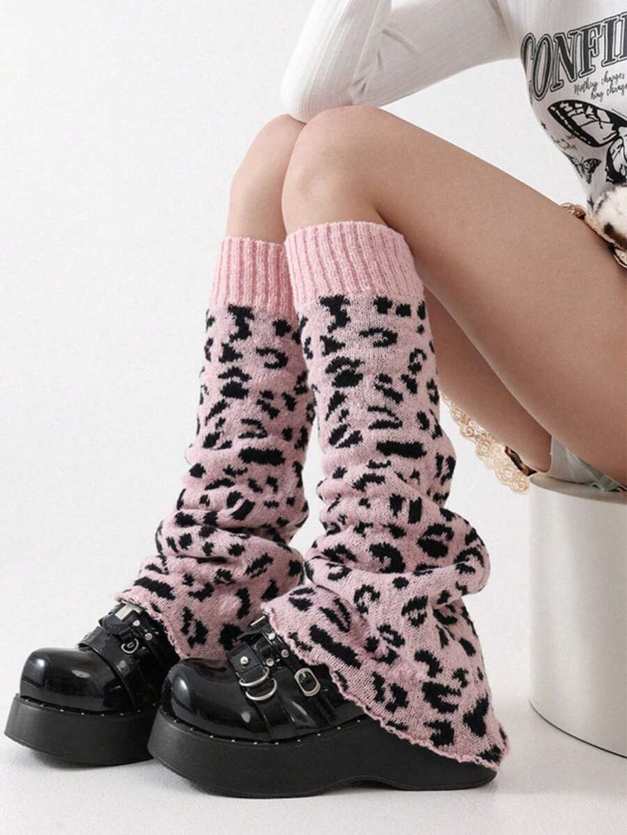 ROMWE Goth 1 Pair Pink Leopard Print Knit Leg Warmers, Y2K Chic Minimalist Wild Style, Suitable For Commuting, School, Shopping, Parties, Halloween, Christmas And Other Occasions, Autumn/Winter