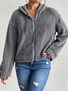 Sudadera de invierno para mujer, de color liso, de doble cara, de forro polar coral con cremallera y capucha, holgada, talla grande, cálida y cómoda. - Gris - Ver 4