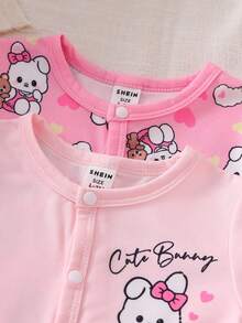 2pcs/Set Newborn Cute Rabbit Cartoon Print Bodysuit Outfit, Pink Tone Baby Clothes Cartoon Baby Clothes Baby Pajama Set Cute Bunny Baby Clothes Pink Baby Clothes Fall Winter - Pink - View 5