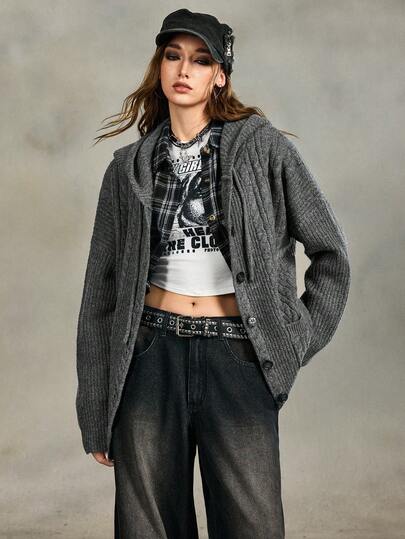 Cardigan con cappuccio in maglia a trecce grigio oversize vintage per donna, maglione spesso e caldo, capo versatile per autunno/inverno