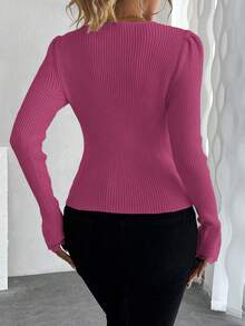 EMERY ROSE 法式蕾丝拼接V领修身泡泡袖针织毛衣，饰有珍珠，长袖 - 玫紅色 - 查看 2