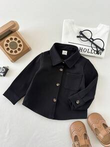 SHEIN 3件套男婴休闲百搭翻领前襟纽扣胸袋长袖上衣 - 黑色 - 查看 6