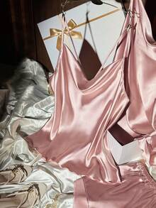SilkySpell Plus Size Women Faux Silk Draped Neck Camisole, Shorts & Robe Sleepwear Set Sexy Sleep Set Satin Sleepwear Set Satin Pj Set Satin Lingerie Set - Dusty Pink - View 4