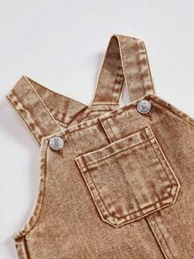 SHEIN Washed Denim Bib Pants For Baby Girls, Floral Print Loose Jumpsuit - Khaki - View 6