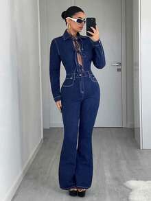 Jeanoix Bộ jumpsuit denim dài tay buộc dây tối giản màu trơn dành cho nữ, thích hợp mặc hàng ngày. - Rửa tối - Xem 7