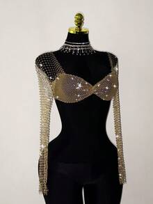 Jeanoix Women's Rhinestone Embellished Sheer Fishnet Cropped Top, Suitable For Holiday Parties And Gatherings - Champagne - View 4