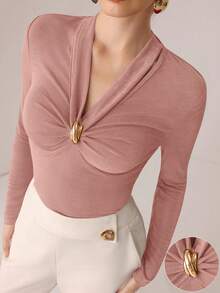 Modelyn Metal Buckle V-Neck Pleated Long Sleeve Elegant Fitted T-Shirt - Dusty Pink - View 1