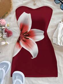INAWLY Women's Summer Vacation Style Lily Flower Print Fitted Tube Dress - Burgundy - View 3