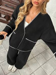 Modelyn Women's High-Quality Contrast Color Knit Cardigan Jacket And Casual Pants Winter Suit - Black - View 5