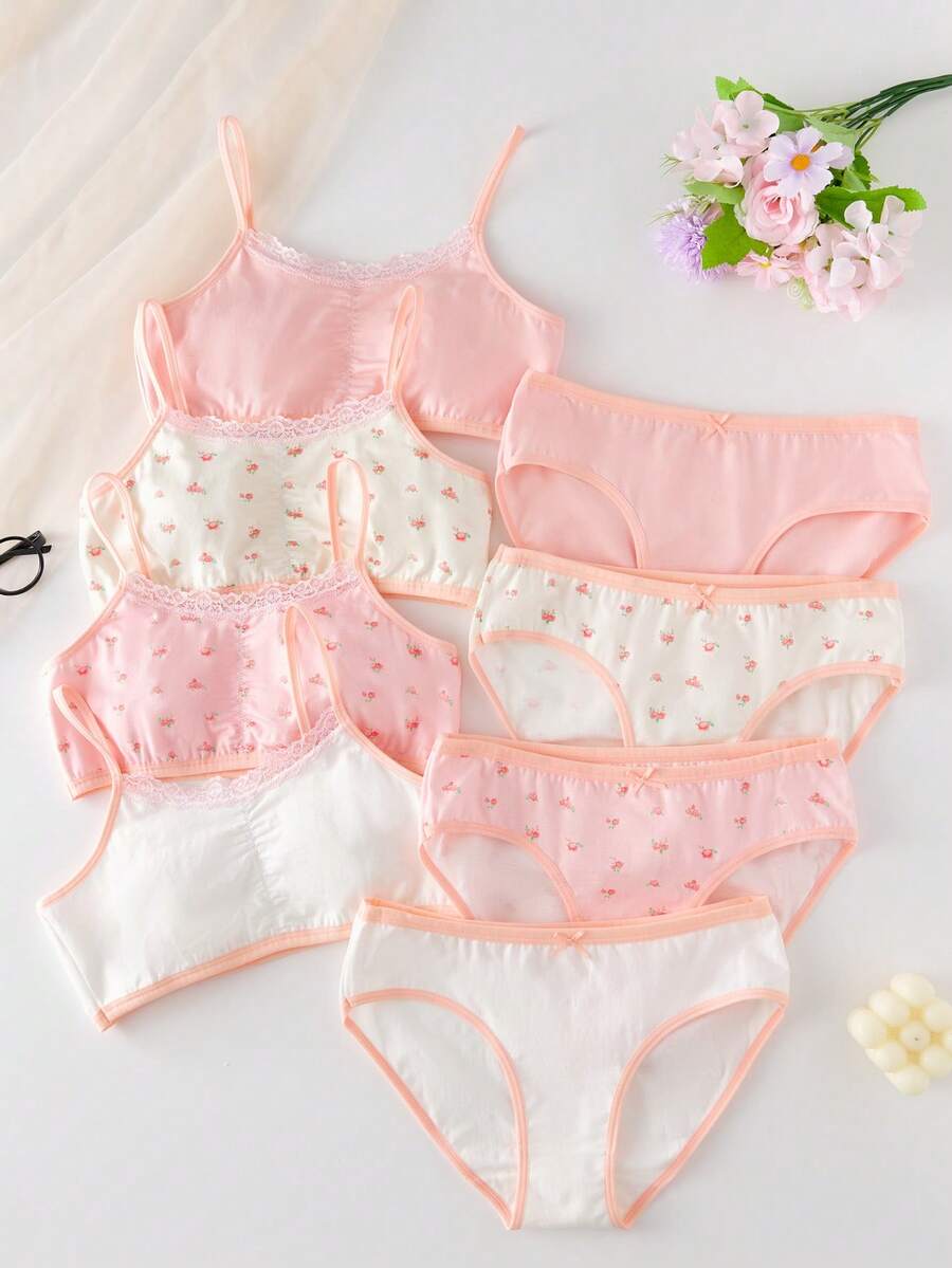 Ensembles de soutien-gorge et de culotte pour préadolescentes - 4 paquets, imprimé floral rose pastel et blanc avec bordure en dentelle, bretelles réglables, taille élastique confortable, léger pour le sommeil, le repos et le port quotidien, idéal pour toutes les saisons, 2026 Vacances, mignon et délicat, essentiel