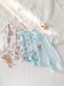 3件套新生儿简约可爱小熊印花图案舒适短袖连体短裤家居服 - 藍色 - 查看 5