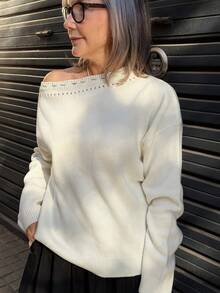 Vivie Lora Women's Hollow Out Shoulder Loose White Sweater - White - View 4