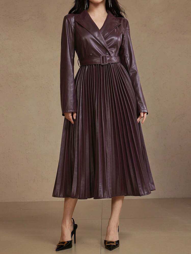 Women's Elegant Solid Color PU Leather Lapel Belted Pleated Midi Dress, Autumn/Winter