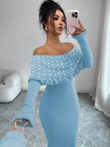 Rafferiza 女士纯色蝴蝶结长袖弹力修身露肩针织连衣裙，法式优雅珍珠装饰露肩大翻领针织连衣裙，秋冬针织长裙，返校季针织连衣裙，音乐节，圣诞节，仙女装，秋季婚礼宾客连衣裙 - 淺藍色 - 查看 6