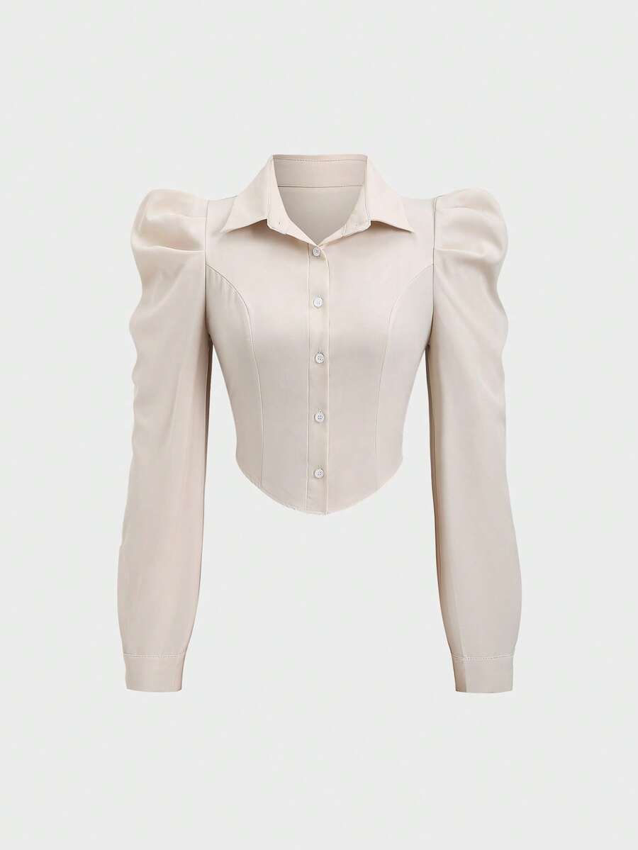 Sweetra Áo kiểu nữ thời trang, thanh lịch, tay phồng, ôm dáng, màu trơn. - Màu be - Xem 1