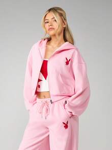 Missguided x Playboy Áo hoodie dáng rộng, khóa kéo, điểm nhấn là họa tiết trái tim và logo thỏ, thích hợp cho phong cách thời trang đường phố thường ngày. - Hồng - Xem 2