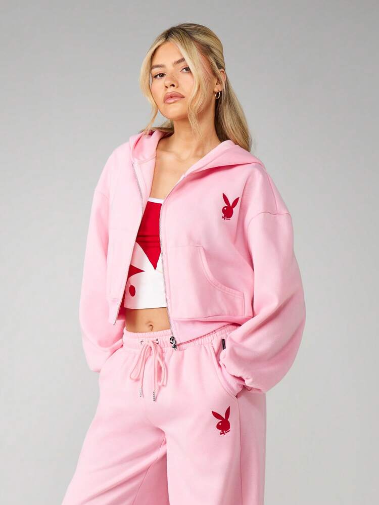 Missguided x Playboy Oversized Crop Zip-Up Hoodie With Heart Appliques And Bunny Logo For Casual Streetwear Style