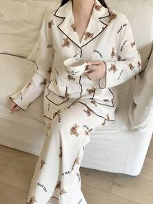 SHEIN Leap Crew 少女编织熊印花领口袋长袖衬衫和裤子休闲睡衣套装 - 杏色 - 查看 5