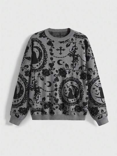 Gothic Palace Cat Moon Chain Mysterious Black Cat Full Print Plus Size Pullover Sweater, Plus Size Christmas Dark Grey Plus Size Women Pullover Sweater
